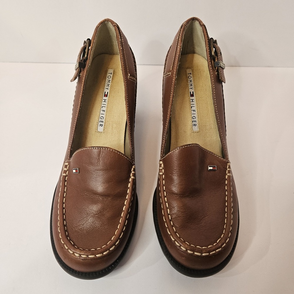 Tommy Hilfiger Sz 7 1/2 M Wmn's Brown Buckle Leather Block Heel Shoe Preppy Y2K